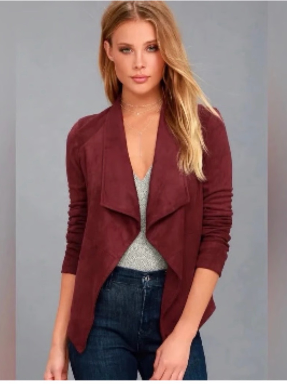 BB Dakota Burgundy Draped Open-Front Cardigan